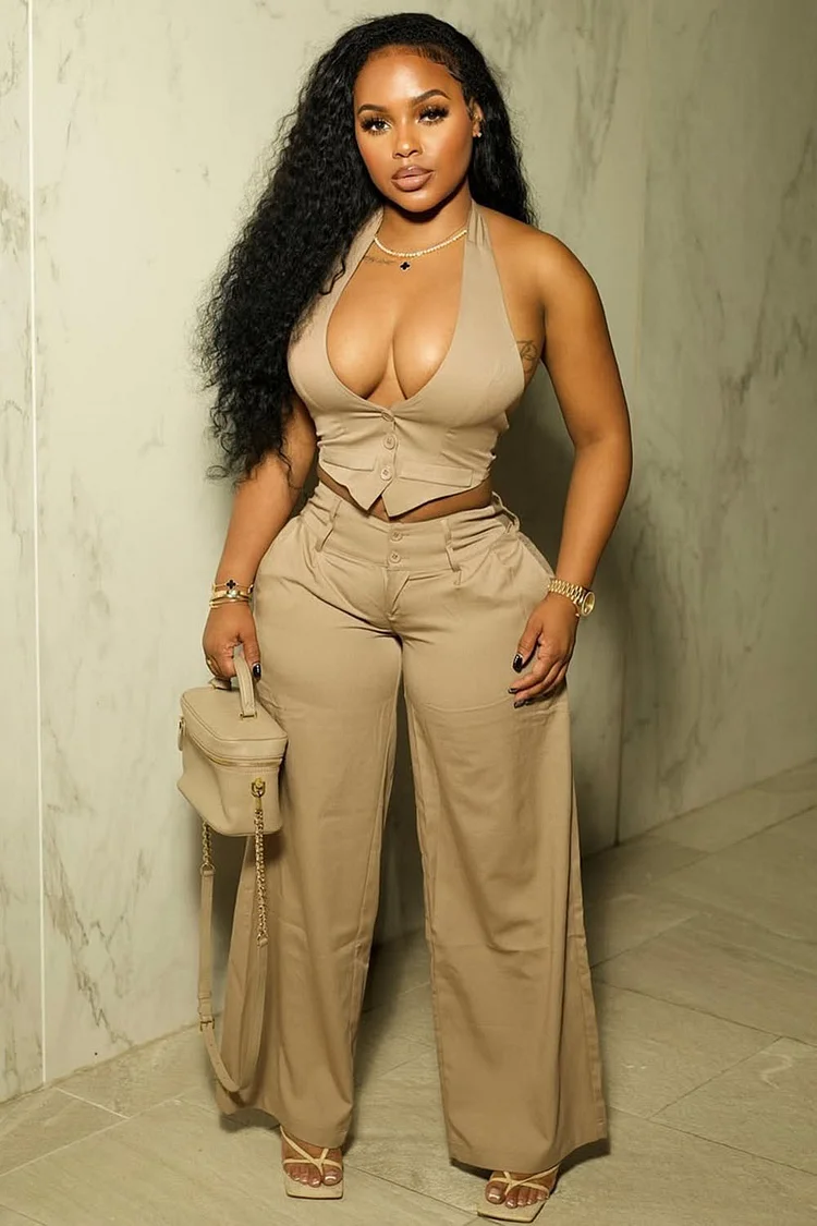 Deep V Halter Button Up Top Solid Wide Leg Pants 2pcs Set-Khaki [Pre Order]