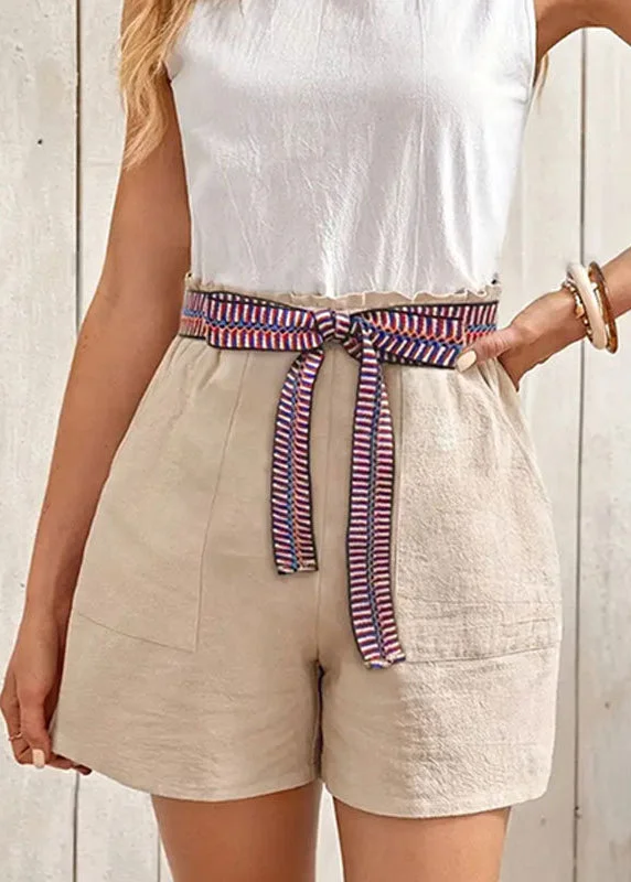 Women Apricot Lace Up Pockets Cotton Shorts Summer