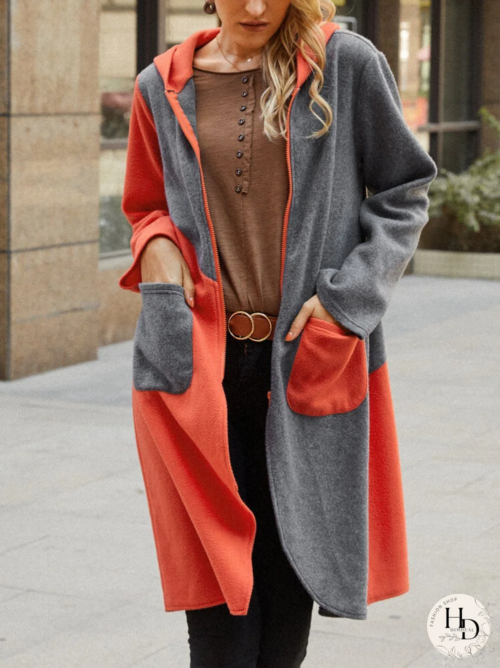 Contrast Color Pocket Long Sleeve Casual Hooded Coat for Women