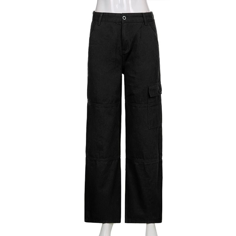 IAMSURE Loose Pockets Jeans Autumn Winter Casual Streetwear Mid-Waisted Wide Leg Pants Full Length Women'S Trousers Fashion Lady