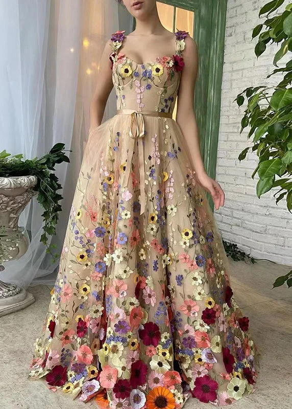 Floral Khaki Embroidered Lace Up Tulle Sleeveless Dress 