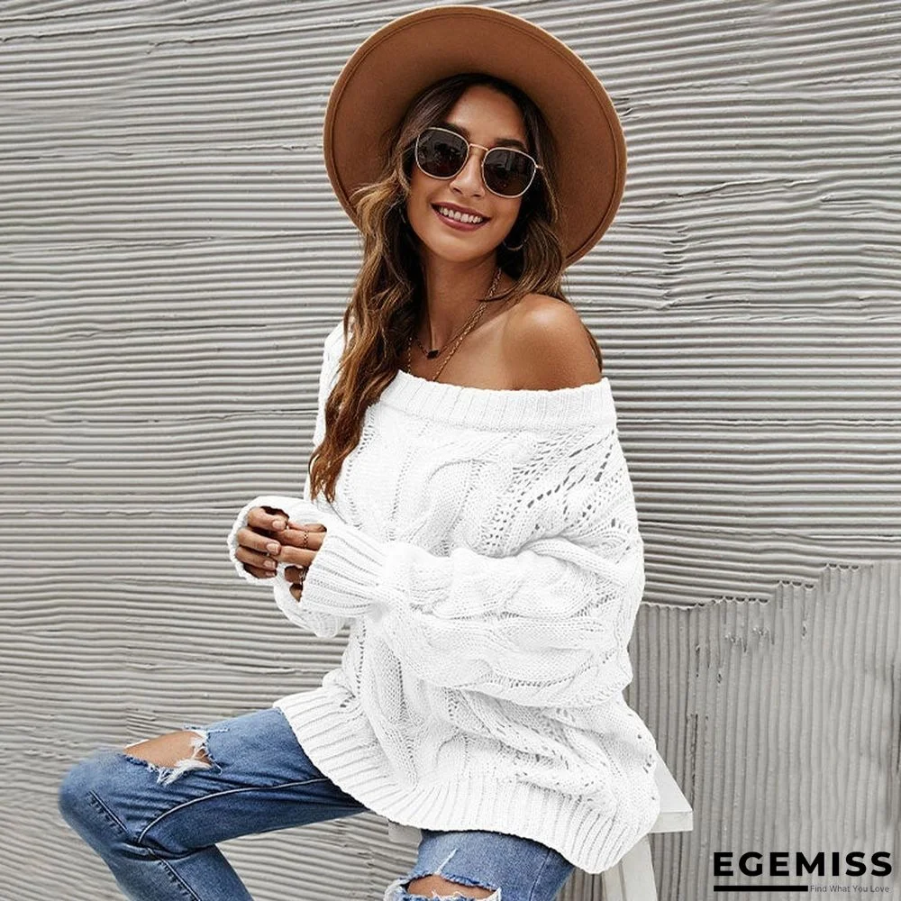 Off Shoulder Large Loose Knit One Neck Solid Pullover | EGEMISS