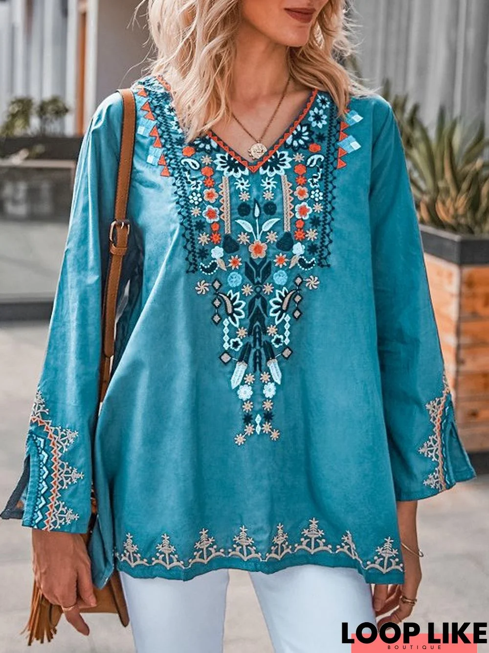 V-neck Long Sleeve Floral Embroidery Blouse