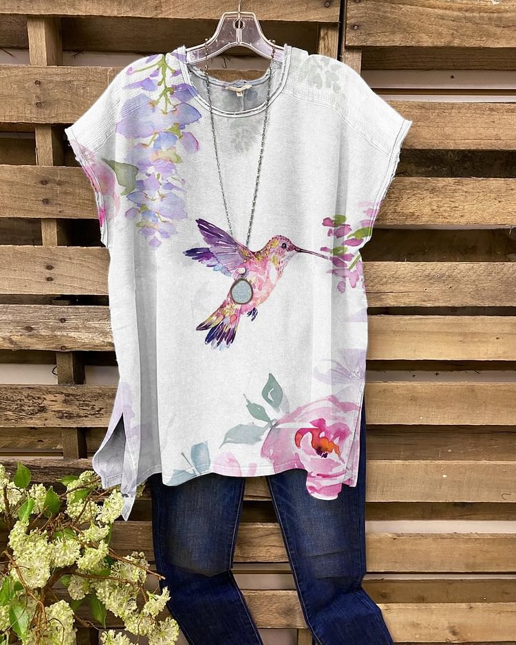 Female Hummingbird Watercolor Printed Linen Casual Short Sleeve-Mayoulove