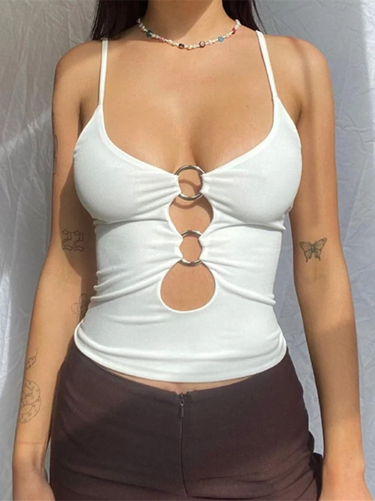 2022 Sexy V Neck Crop Tops Women Solid Color Sleeveless Hollow Out Cami Tops Summer Sexy Club Casual Tank Tops Female Shirts