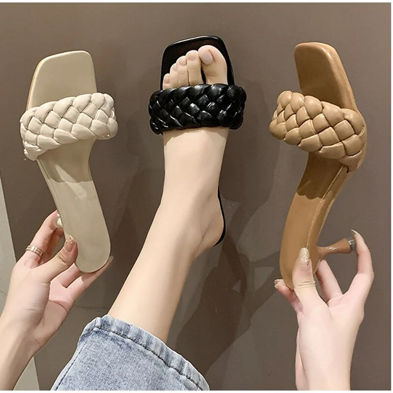 Women Slippers High Heels Chain PU Square Toe Fashion Woman Pumps Summer Sandals Outdoor Comfort Ladies Footwear New 2021