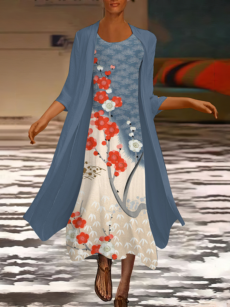 Comstylish Japanese Art Cherry Blossom Print Dress Two Piece Set