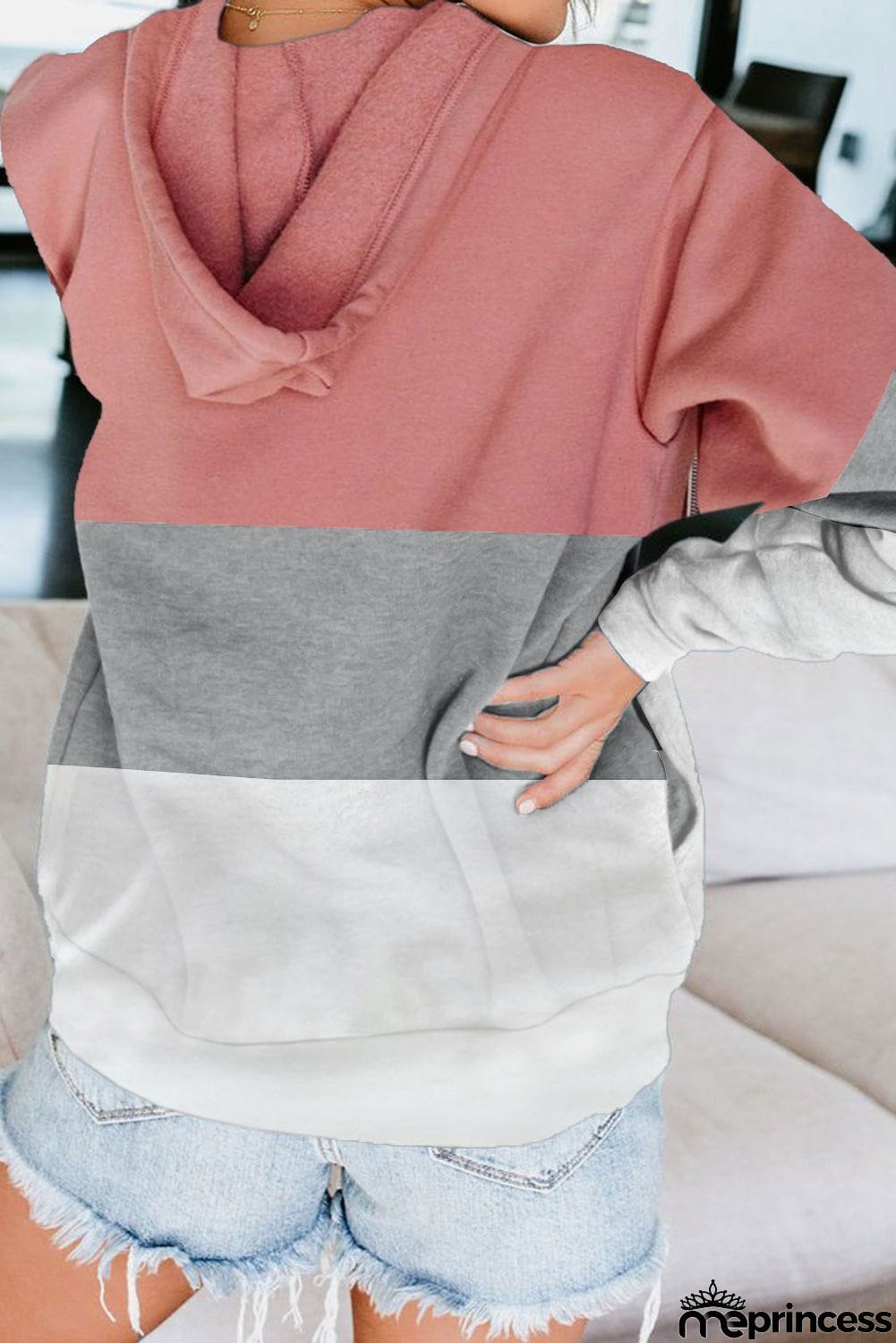 Zip Front Color Block Splicing Drawstring Hoodie