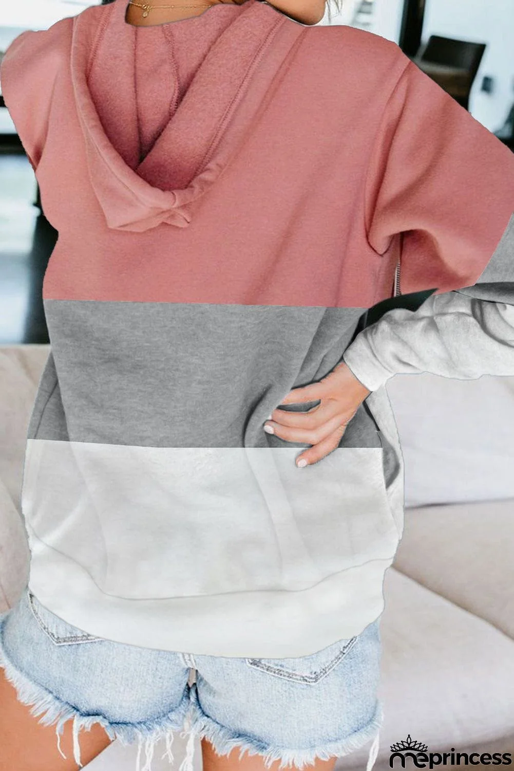 Zip Front Color Block Splicing Drawstring Hoodie