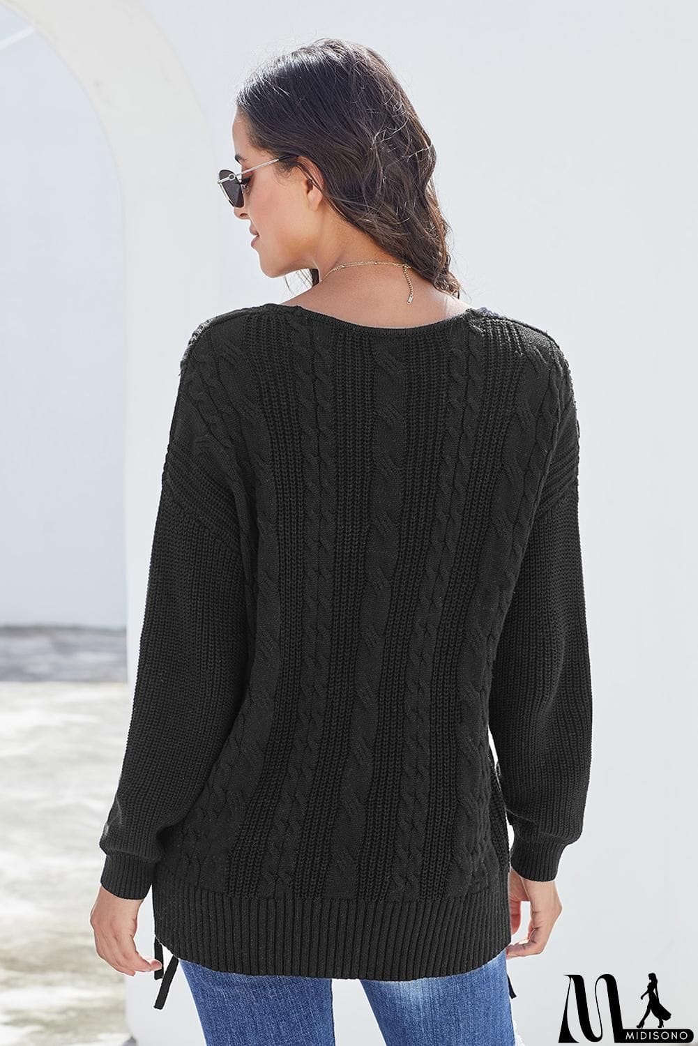 MidiSono - Love Letters Cable Knit Lace Up Sweater