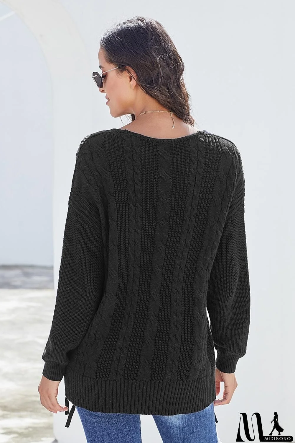 MidiSono - Love Letters Cable Knit Lace Up Sweater