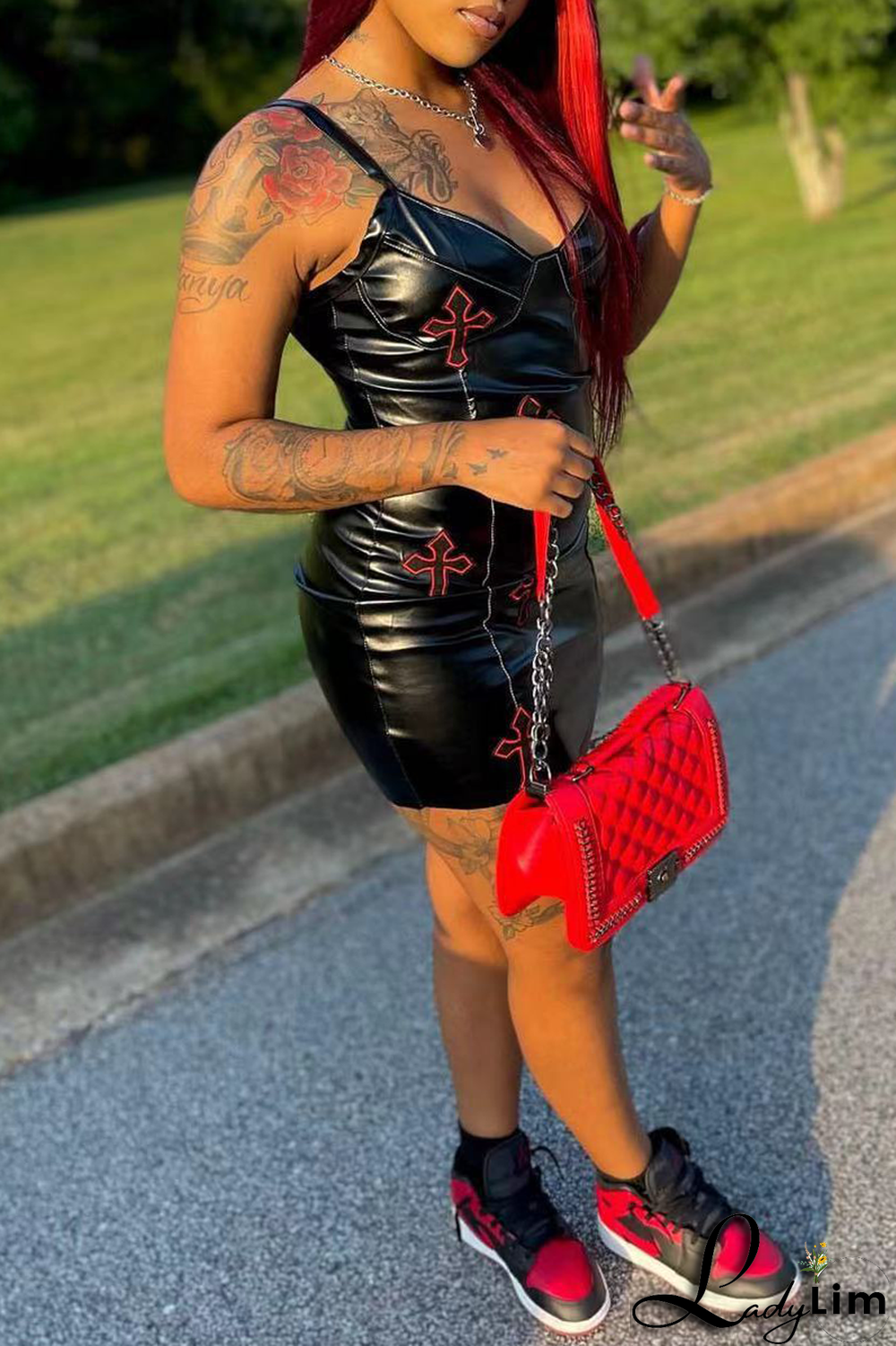 Black Sexy Character Patchwork Spaghetti Strap Pencil Skirt Dresses