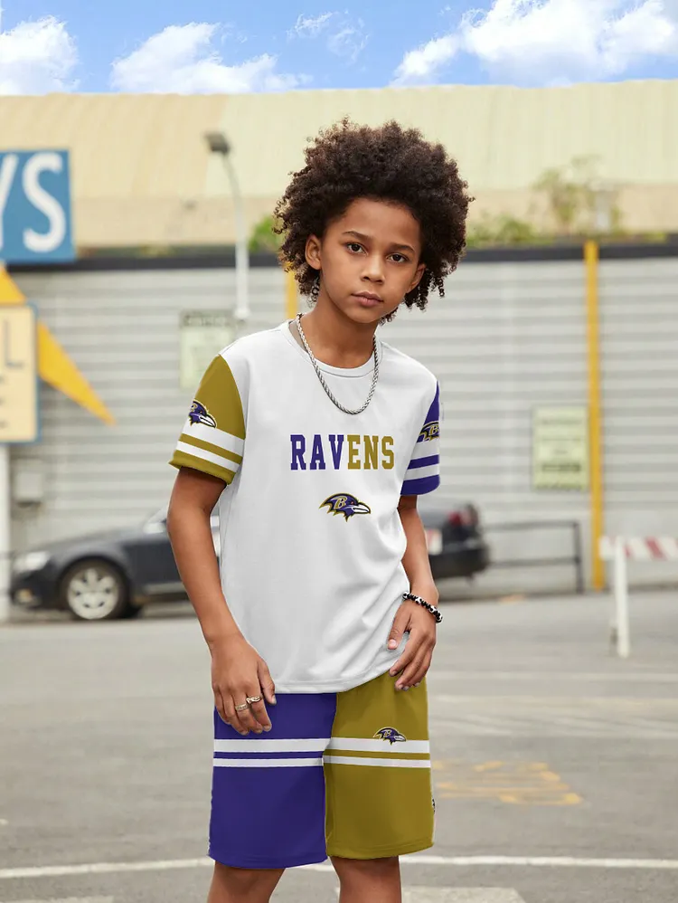 Baltimore Ravens New Design Kids（5-14Y)' Casual Crew Neck T-shirt And Drawstring Shorts  2pcs/Set