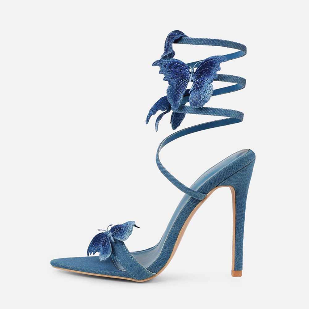 Blue Denim Opened Pointed Toe Butterfly Lace Up Sandals With Stiletto Heels Nicepairs