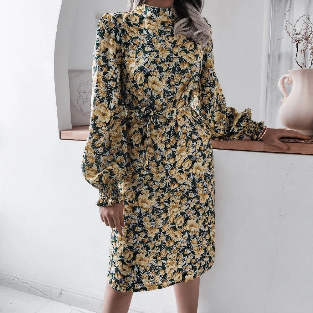 Floral Stand Collar Lantern Long Sleeve Chiffon Dress | EGEMISS