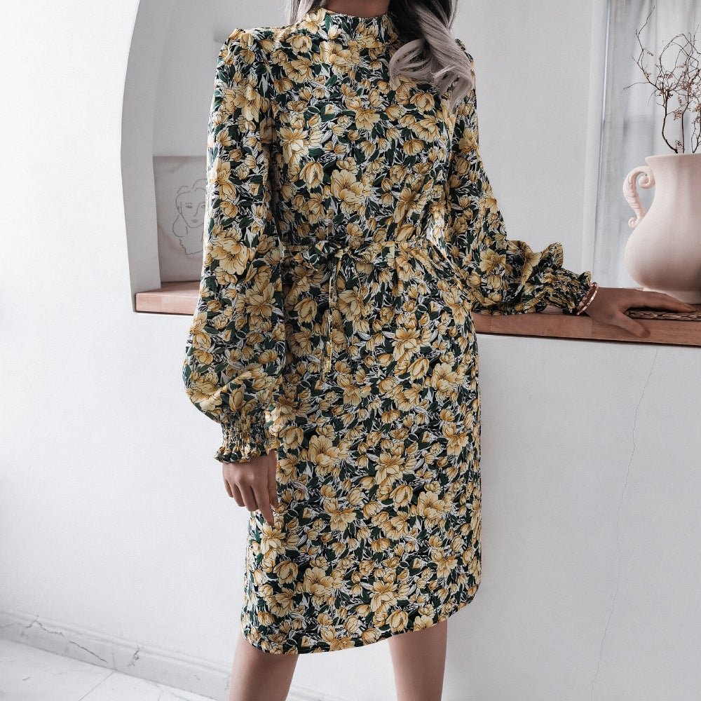 Floral Stand Collar Lantern Long Sleeve Chiffon Dress | EGEMISS