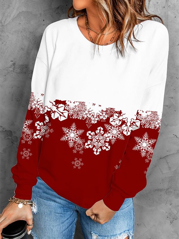 Snowflake Print Plain Crewneck Pullover Sweatshirt