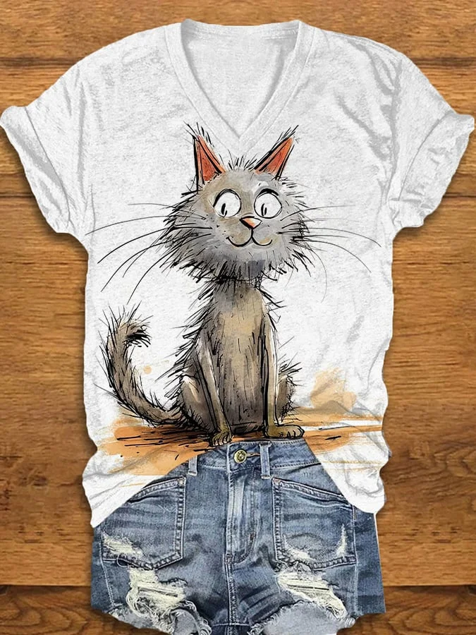 Women's Crazy Cat Print V-Neck Tee