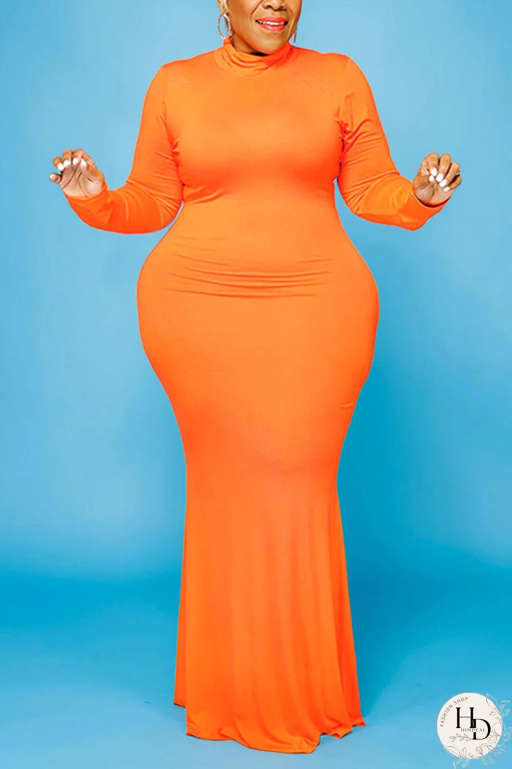 Orange Fashion Casual Plus Size Solid Basic Turtleneck Long Sleeve Dress