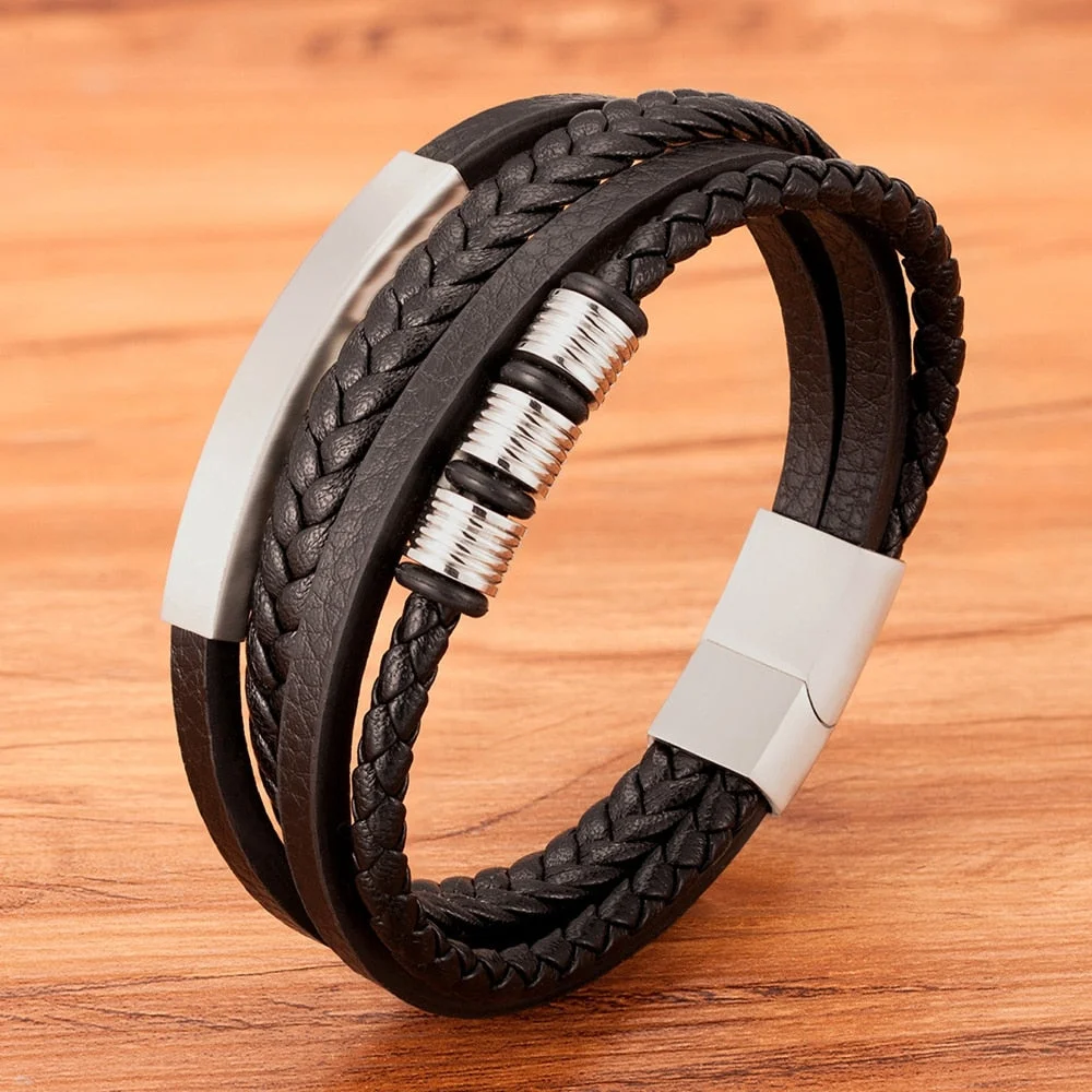 Christmas Gift Fashion New Style Hand-woven Multi-layer Combination Accessory Stainless Steel Men's Leather Bracelet Classic Gift Big Sale