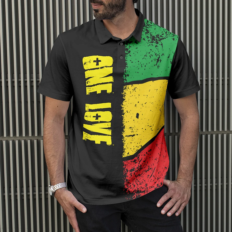BrosWear Reggae One Love Print Short Sleeve Polo T Shirt