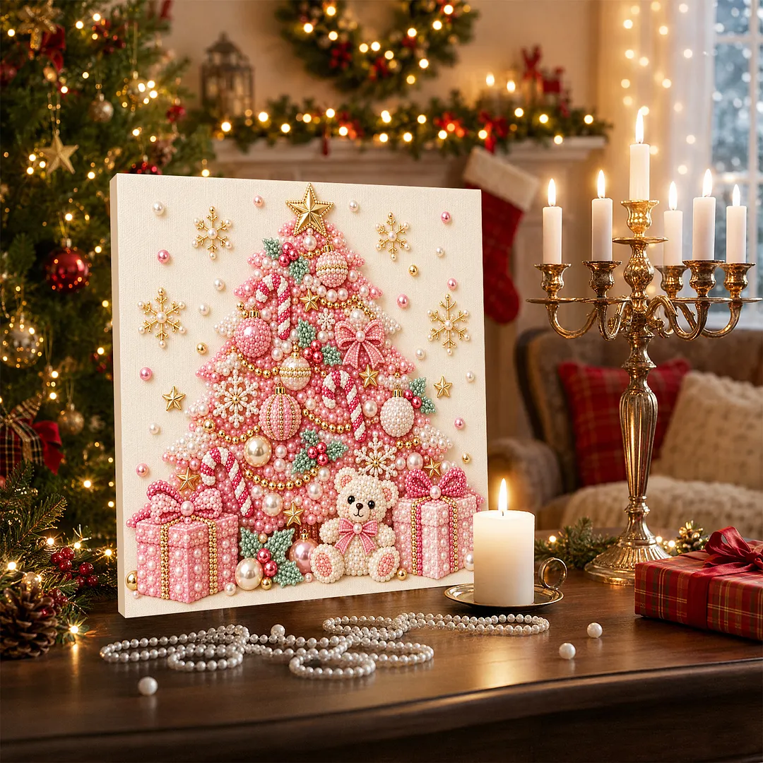 Framed Pearl Painting Kit Pink Christmas Tree 7.87x7.87in