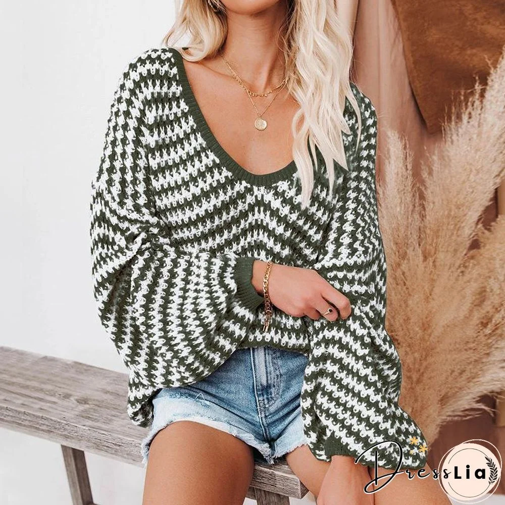 V Neck Loose Striped Sweater