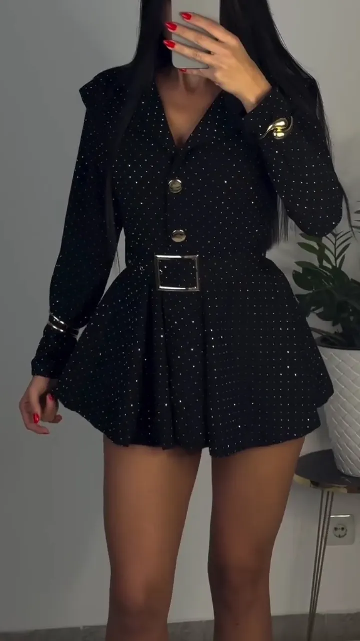 Women V-neck Rhinestone Temperament Casual Dress