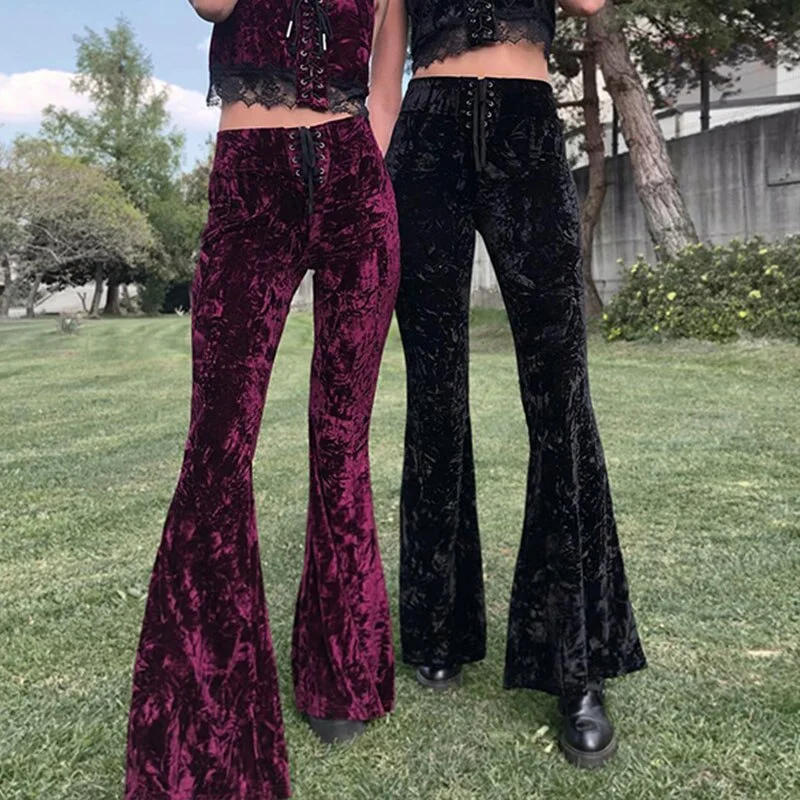 InsGoth Y2K Goth Black Flare Pants Harajuku High Waist Bandage Pants Vintage Aesthetic Velvet Women Trousers Streetwear Pants