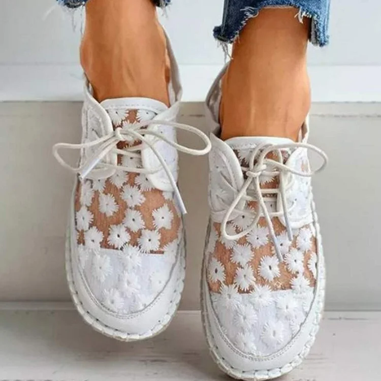 Retro Fashion Summer Breathable Flower Mesh Flats Casual Women Sandals-Annaletters