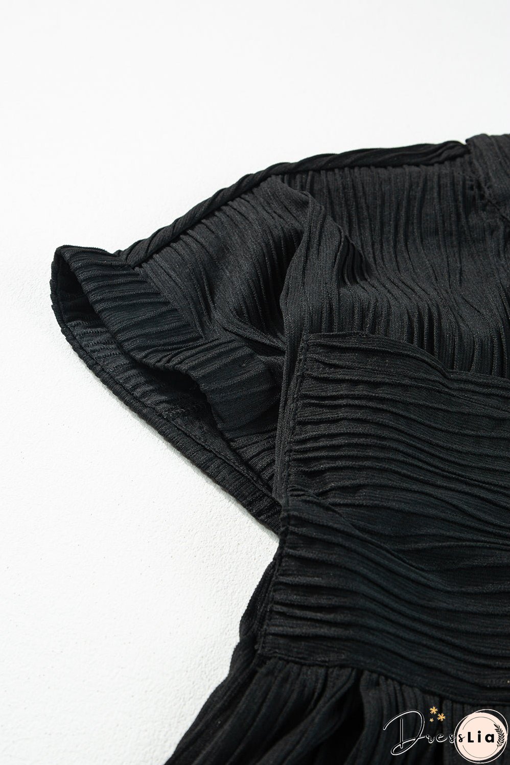 Black Textured V Neck Short Sleeve Pockted Mini Dress