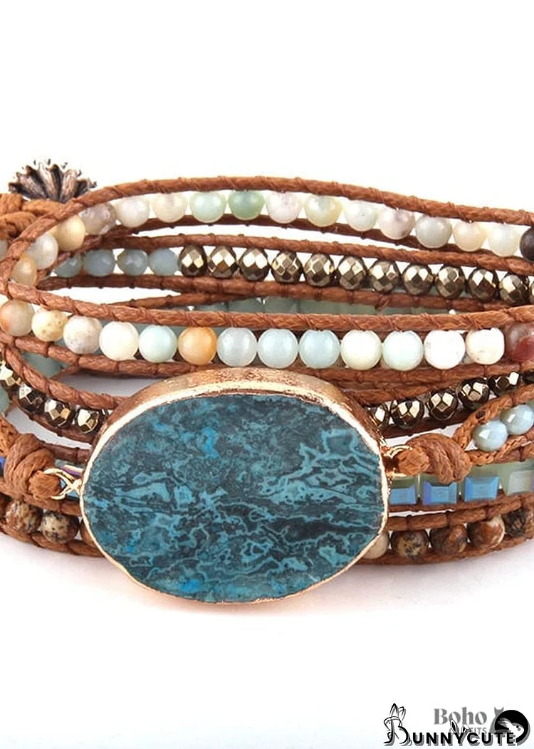 Boho Bracelet, RH 5 Layers Leather Wrap Bracelet, Natural Stones, Blue Ocean