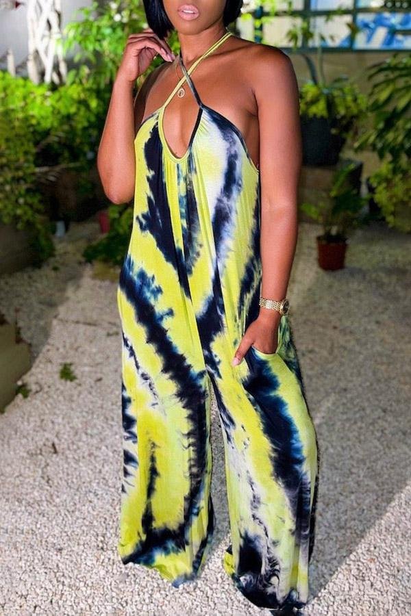 Criss Cross Pocket Tie Dye Wide Leg Rompers