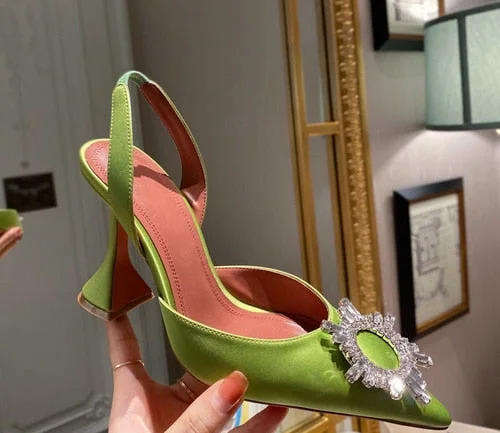 European and American 2021 Summer New Pointed High Heel Women's Shoes SUNFLOWER Drill Buckle Closed Toe Wine Cup Heel Sandals