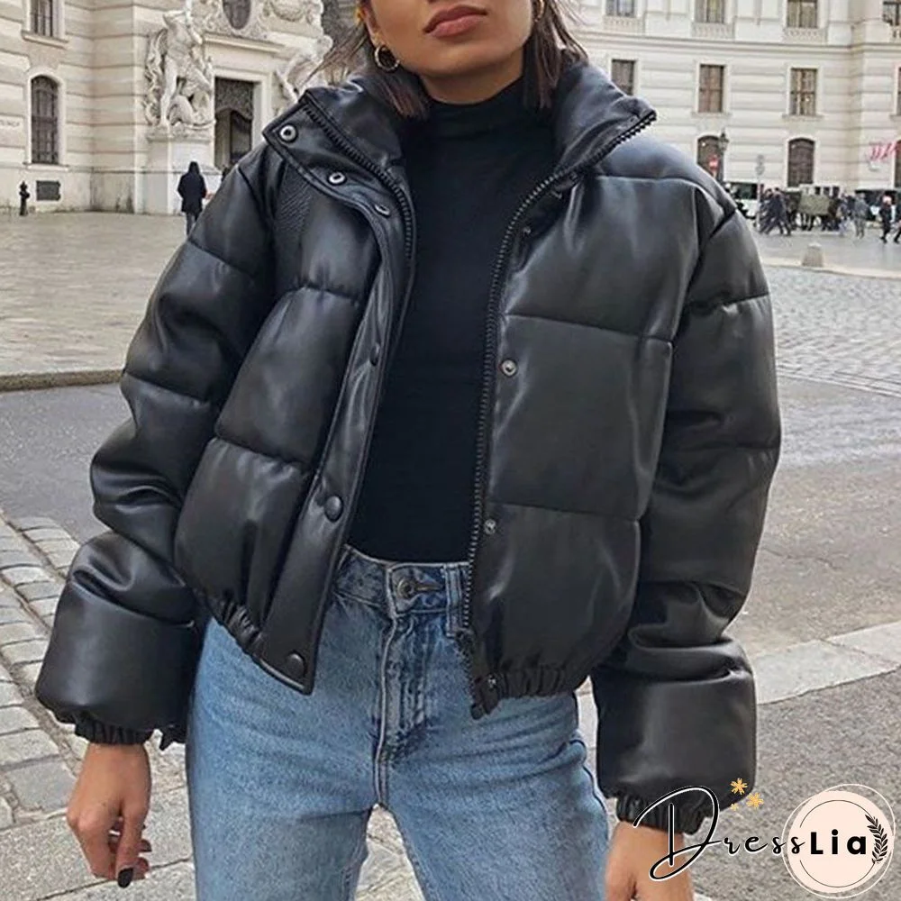 Water Repellent Faux Leather Cotton Padded Waxed Puffer Jacket