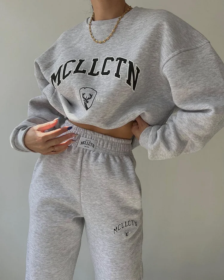 Letter Printed Thickened Suit Plus Velvet Sweatshirt Long-Sleeved Pants Suit at Hiphopee