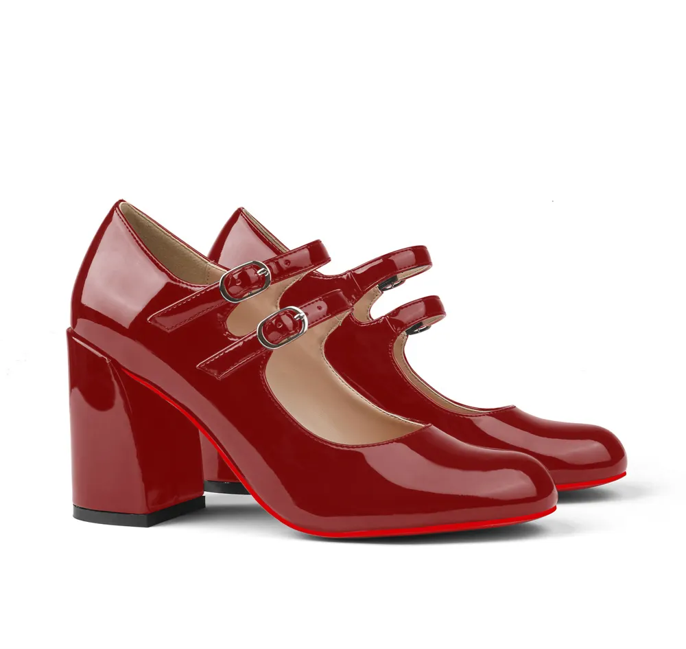 85mm Chunky Low Block Heels Mary Jane Closed Toe Work Pumps Comfortable Round Toe Dress Wedding Red Bottom Shoes-vocosishoes