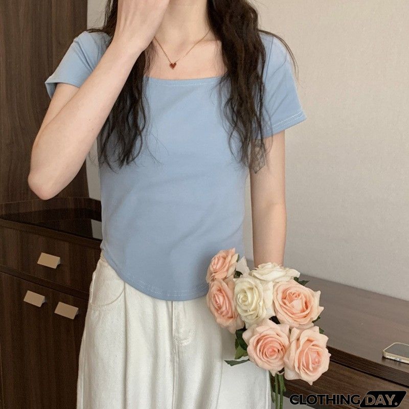 Women Casual Solid Color U Collar Short Sleeve T-Shirt