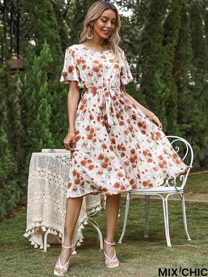 Printed Lotus Leaf Sleeve Round Neck Dress