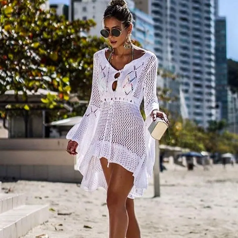 Crochet White Knitted Beach Cover up 2019 New Mujer Bikini Cover up Tunic Long Pareos  Swim Cover up Robe Plage Beachwear