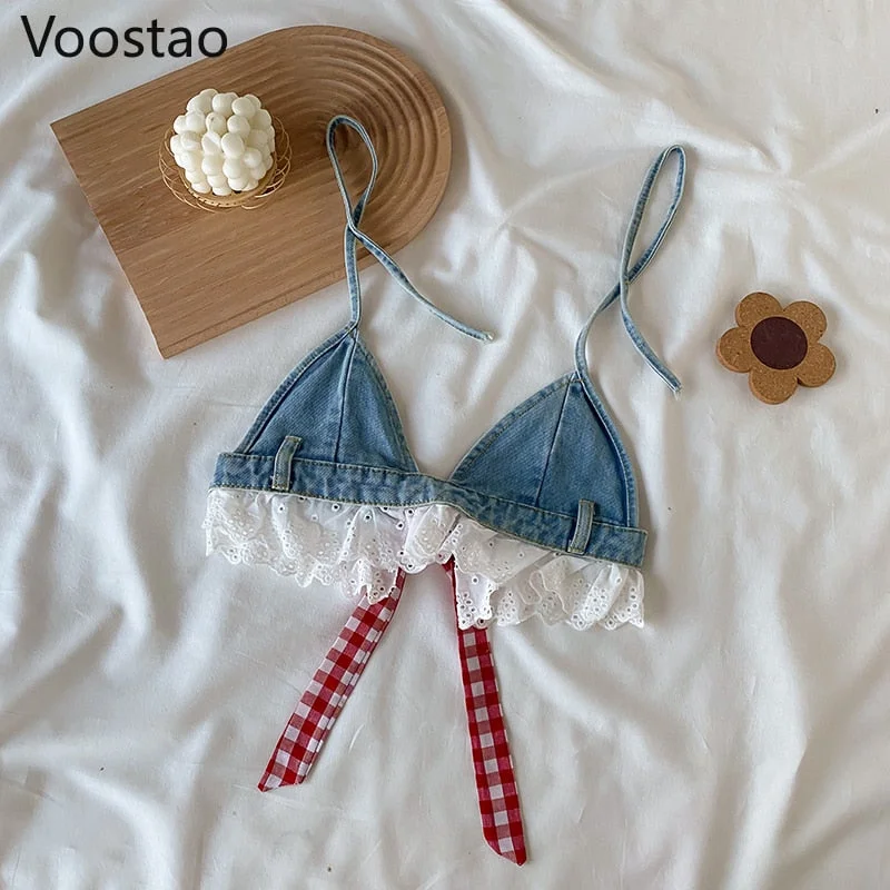 Summer Sweet Lolita Style Denim Shorts Sets Girls Sexy Lace Bandage Camisole Crop Tops Ruffles Jeans Short Pants Women 2PC Set