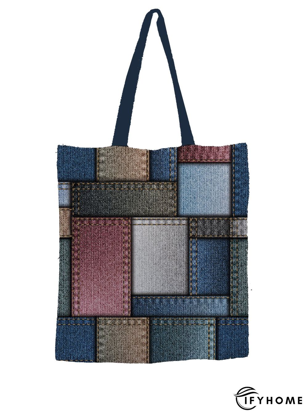 Trendy Denim Paneled Contrast Printed Canvas Shopper Tote Bag | IFYHOME