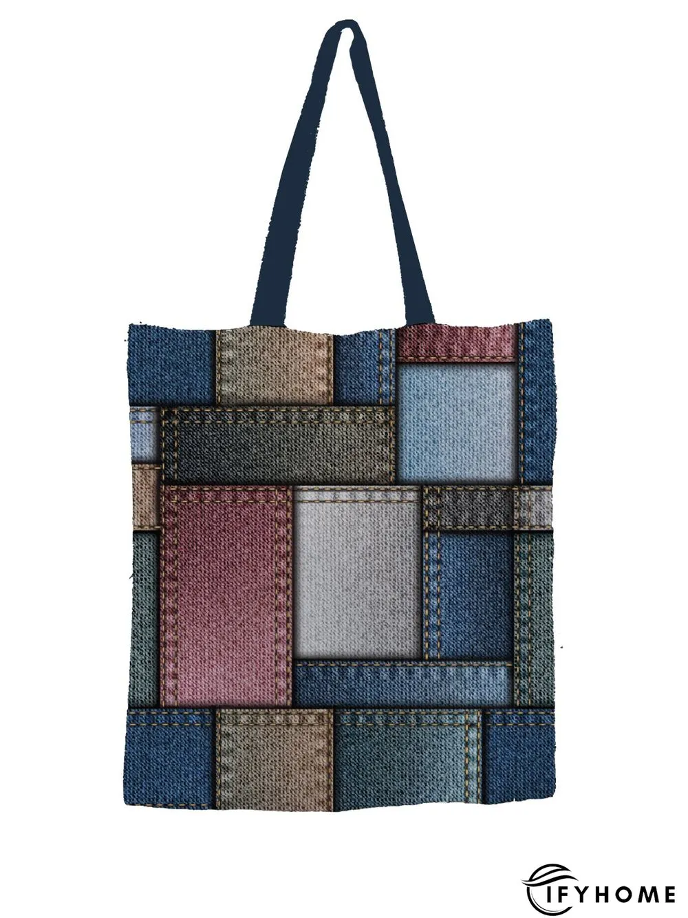 Trendy Denim Paneled Contrast Printed Canvas Shopper Tote Bag | IFYHOME