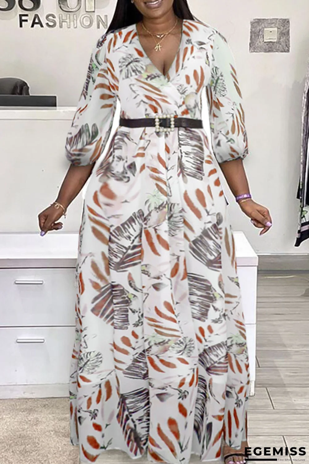 Orange Fashion Casual Print With Belt V Neck Long Sleeve Plus Size Dresses | EGEMISS