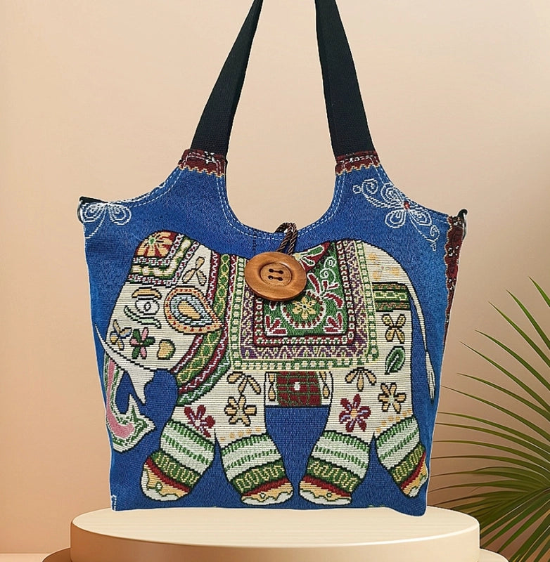 Women’s Large Canvas Elephant Ethnic Style Square Zipper Shoulder Bag