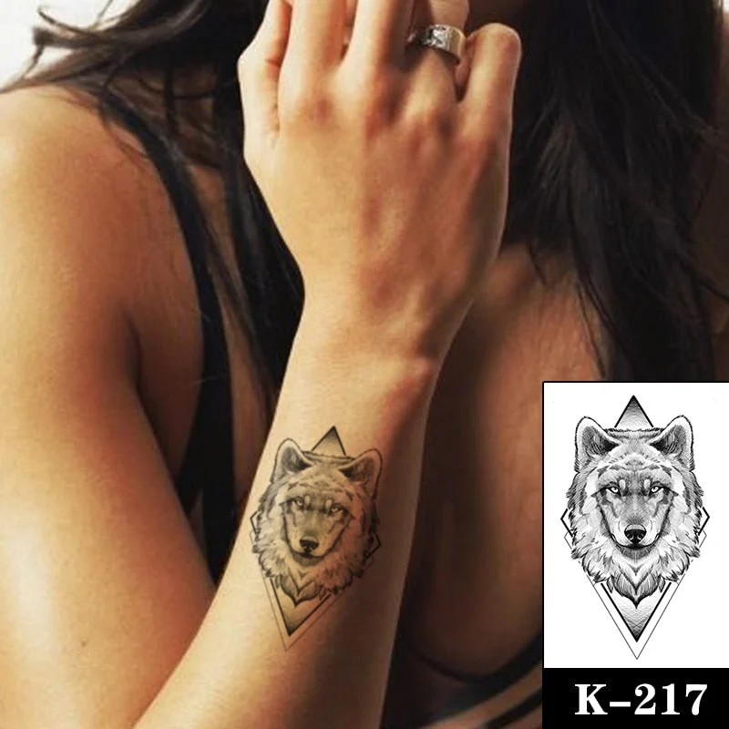 Waterproof Temporary Tattoo Sticker Black Wolf Arrow Rose Butterfly Flash Tattoos Totem Line Body Art Hand Fake Tatoos Women Men