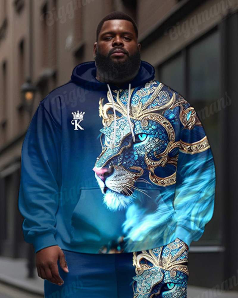 Men's Street Fashion Blue Lion K Letter Print Plus Size Hoodie Set