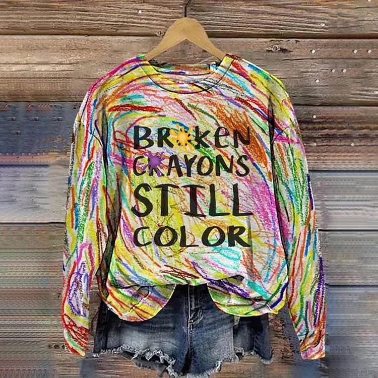 VChics Broken Crayons Still Color Print Round Neck Long Sleeve Sweatshirt