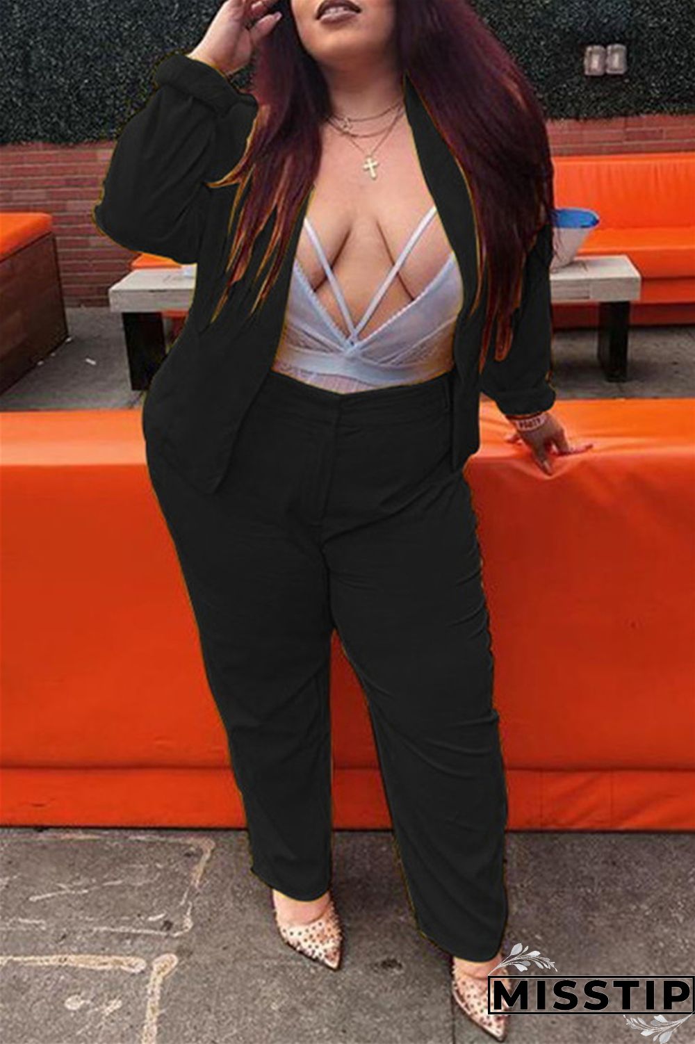 Black Fashion Casual Solid Cardigan Pants Plus Size Two Pieces