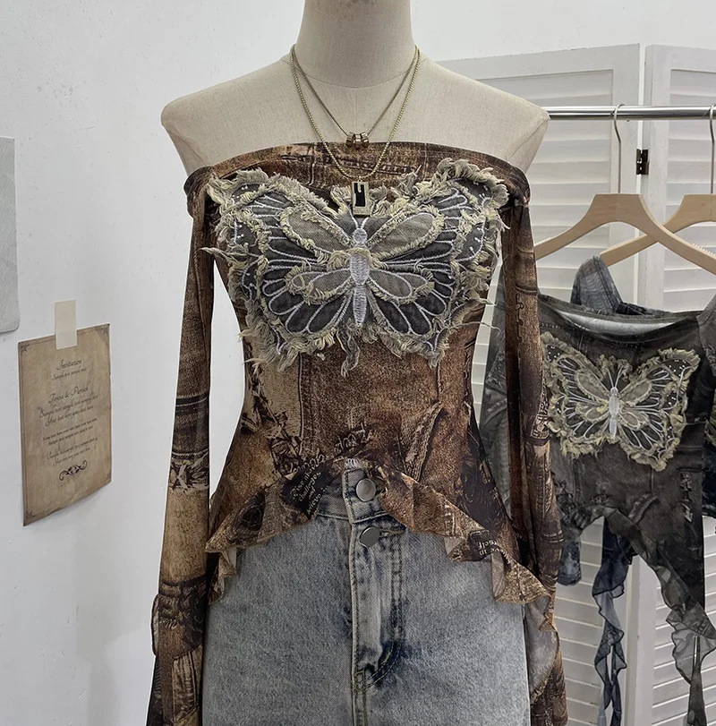 Nigikala Nigikala Shot Raging Butterfly Embroidery Y2k Babes Punk Word Shoulder Tie-Dye Mesh T-Shirt With Short Top 1319